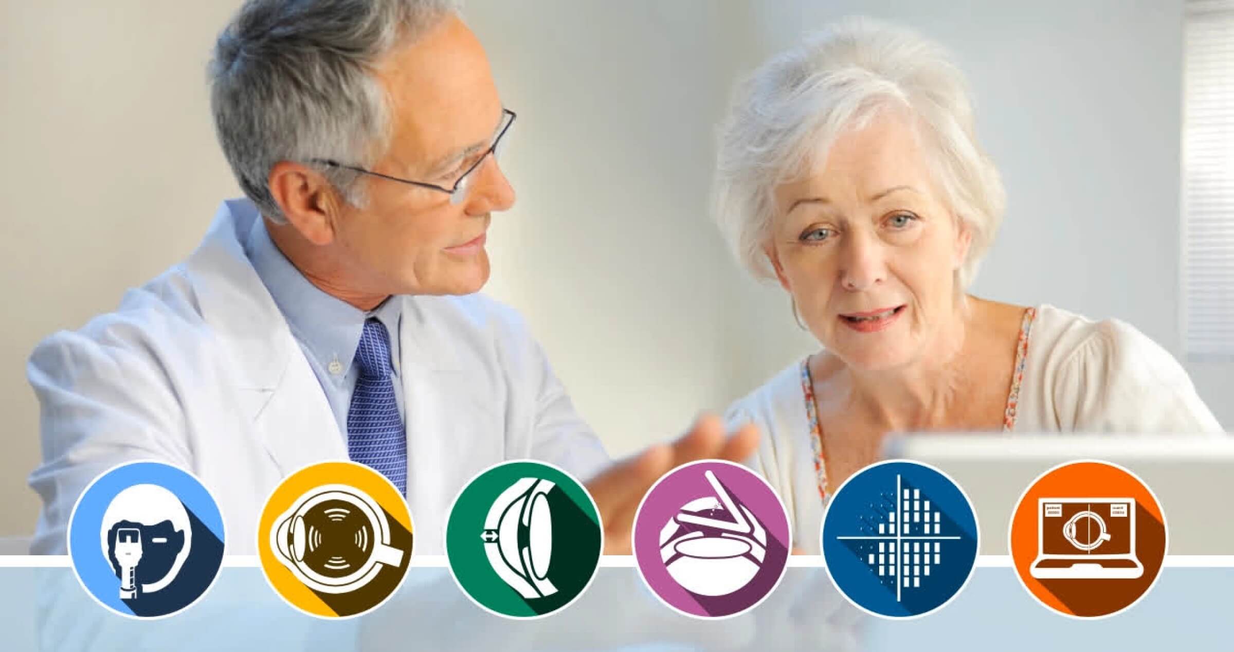 A ophthalmologist and patient looking at test results on a computer screen. Six coloured icons signify each test for glaucoma